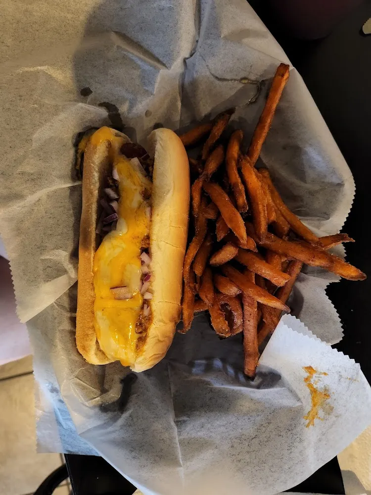 Chili Cheese Dog and Sweet Potato Fries